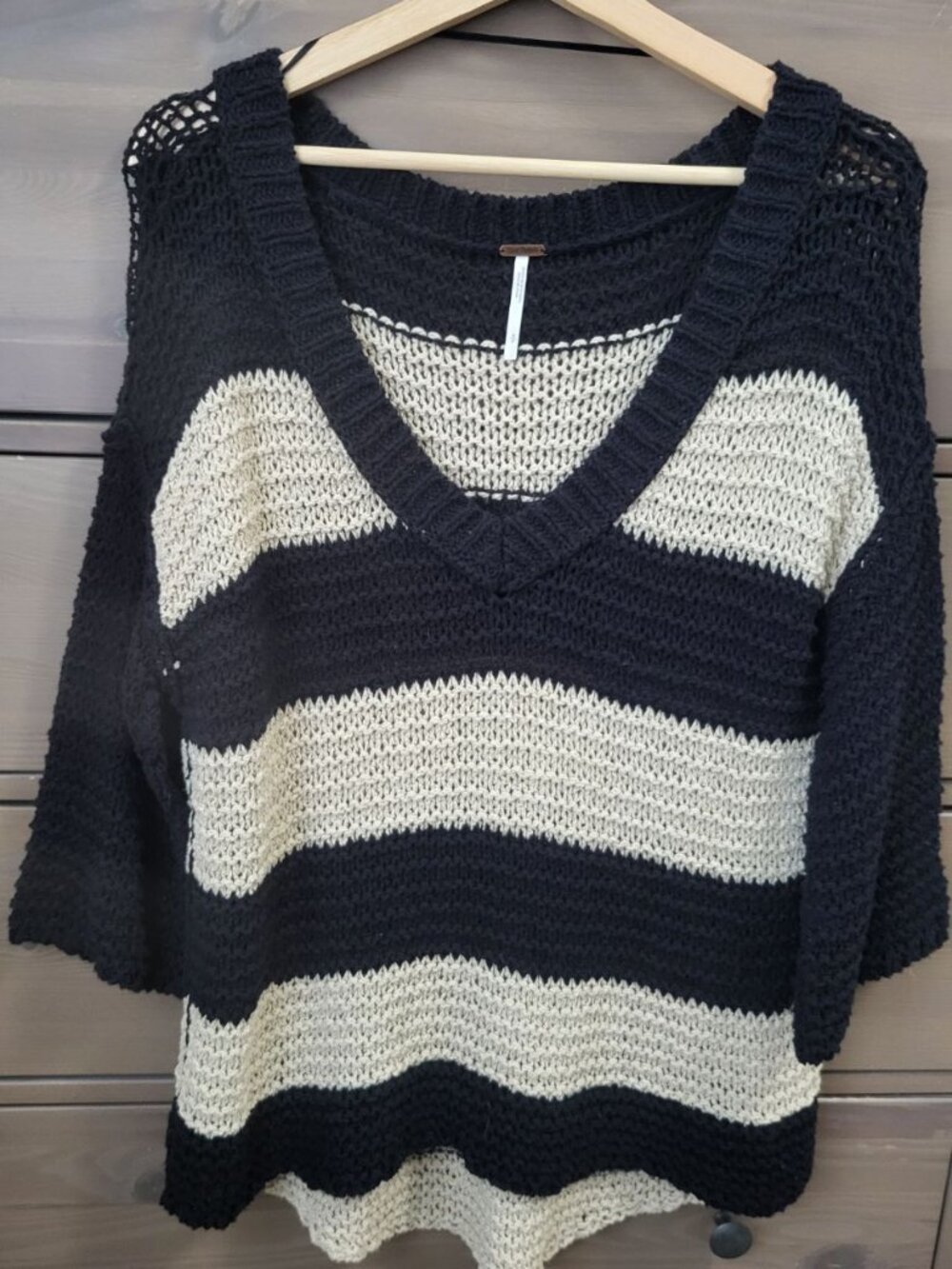 Free People Stripped Crochet Sweater | Black/Off White